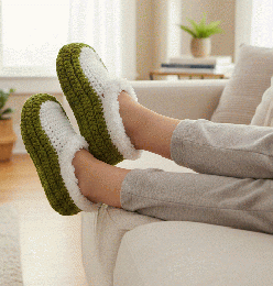 【手編み】ふんわりボアのルームシューズ|オリーブ×ホワイト20260107-3