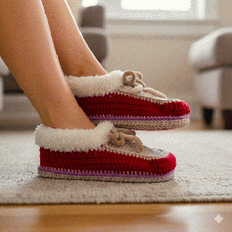 手編みのぬくもり。ふわふわファー付きルームシューズ(レッド×ベージュ)室内履き・20260107-4
