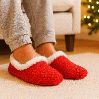 手編みのぬくもり。ふわふわファー付きルームシューズ(レッド×ベージュ)室内履き・20260107-5