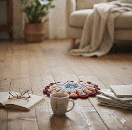 【早春を彩る】ふんわりお花のクロシェ・丸座布団(グリーン×ラベンダー20260116-1