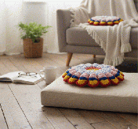 【早春を彩る】ふんわりお花のクロシェ・丸座布団(グリーン×ラベンダー20260116-1