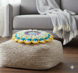 【早春を彩る】ふんわりお花のクロシェ・丸座布団(グリーン×ラベンダー20260116-1