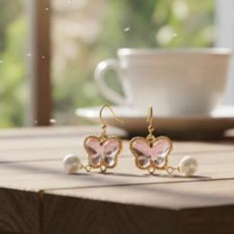桜色のバタフライと揺れるパールの耳飾り|ピンク・春色・蝶・アンティーク風　20260216-11