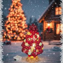 【限定1点】赤のクリスマスツリー(LEDライト付き)ガラスビーズ　赤のマッドガラスビーズ