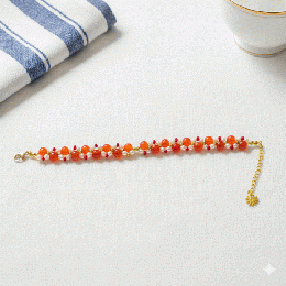 陽だまりの赤。鮮やかレッドビーズとパールの編み込みブレスレット　201019-0009