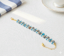 木漏れ日のカフェオレ。ブルー&ブラウンのクラックビーズブレスレット　20251223-16