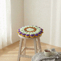 【早春を彩る】ふんわりお花のクロシェ・丸座布団(グリーン×ラベンダー)0001