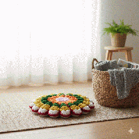 マルチカラー　手編みニット座布団　0008