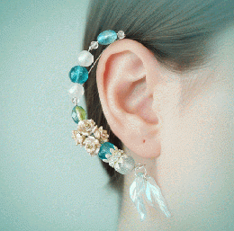 碧光の庭園。エメラルドブルーとゴールドローズの華やかイヤーカフフック　201019-0062